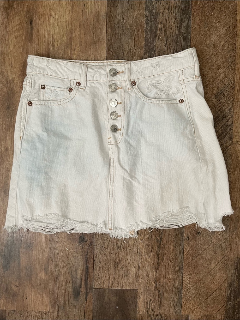 American Eagle Outfitters White Distressed Button-Front Denim Mini Skirt
